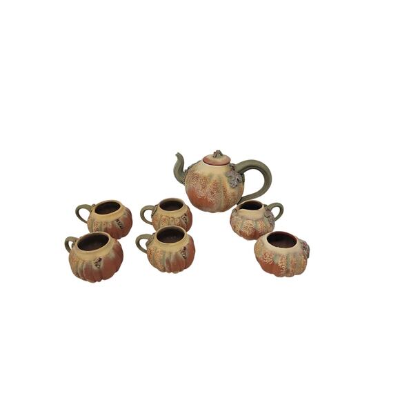 Handmade Pottery Thin Ice 7 Tea Set Teapot Mugs Cottage Primitive Pumpkin Gourd - Picture 3 of 5